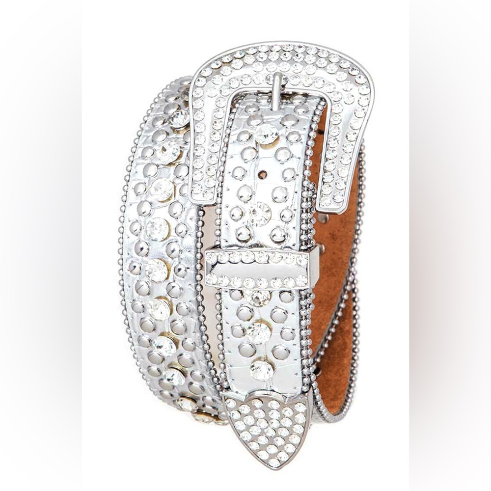 Silver Genuine Leather Studded Statement Belt